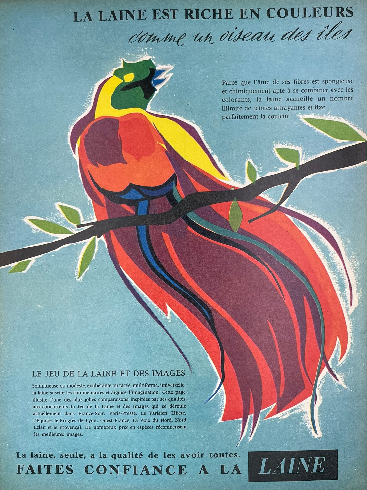 Publicité - Mode - Laine - Oiseau - 1958