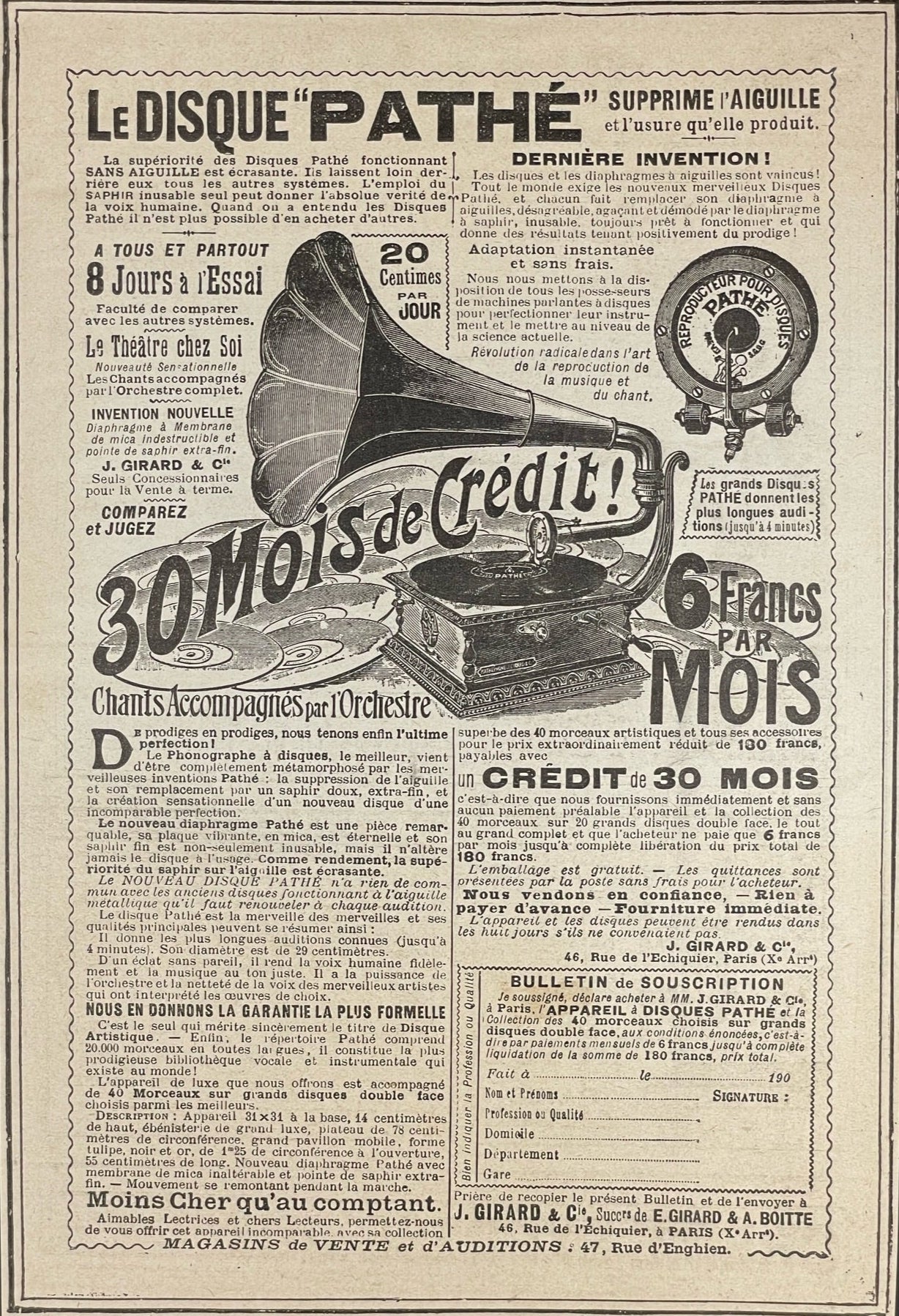 Publicité - Loisirs - Musique - Pathé - 1909
