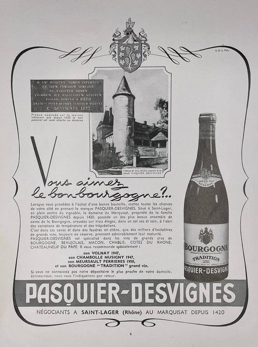Publicité - Alcool - Vin - Pasquier - Desvignes - 1955