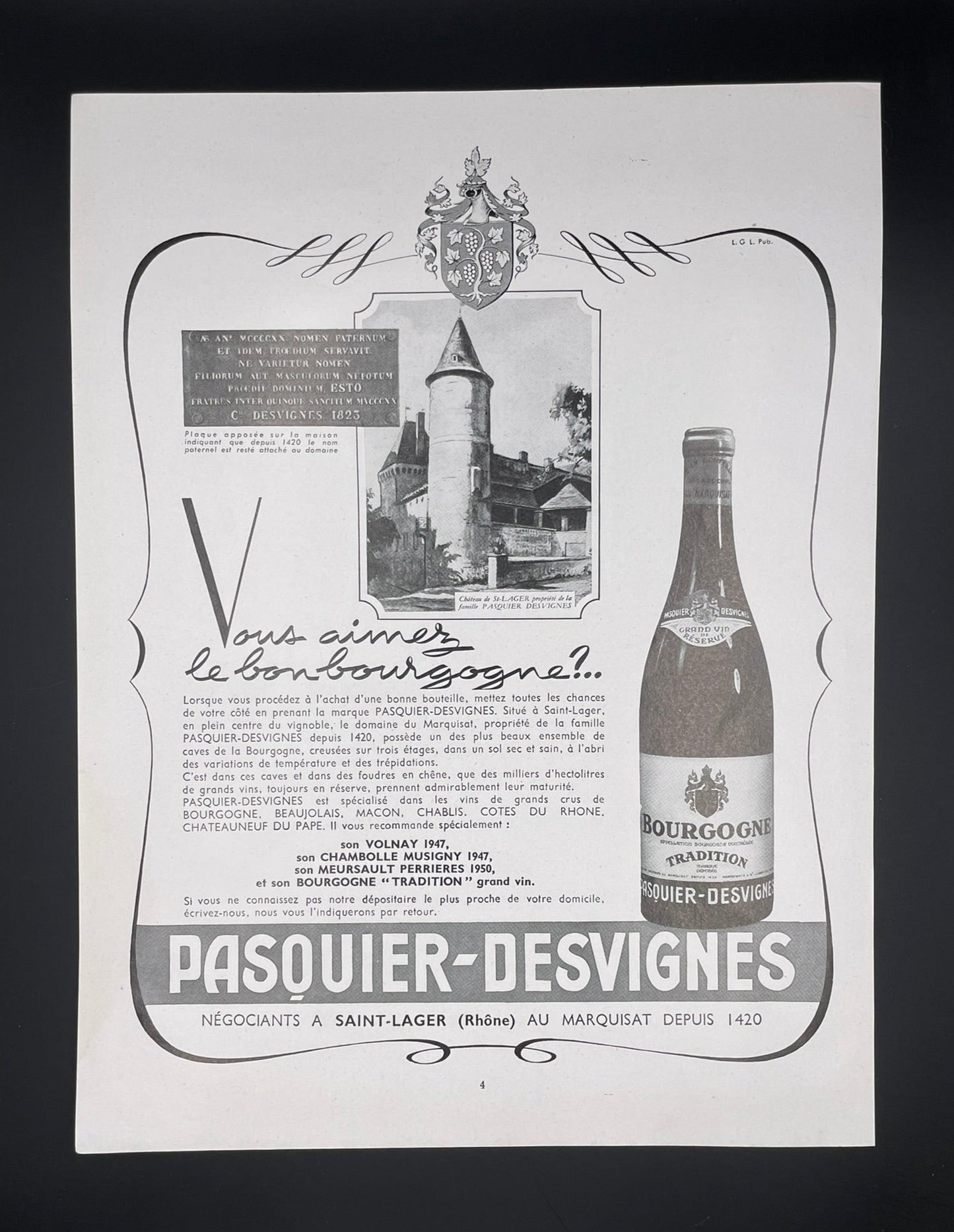 Publicité - Alcool - Vin - Pasquier - Desvignes - 1955